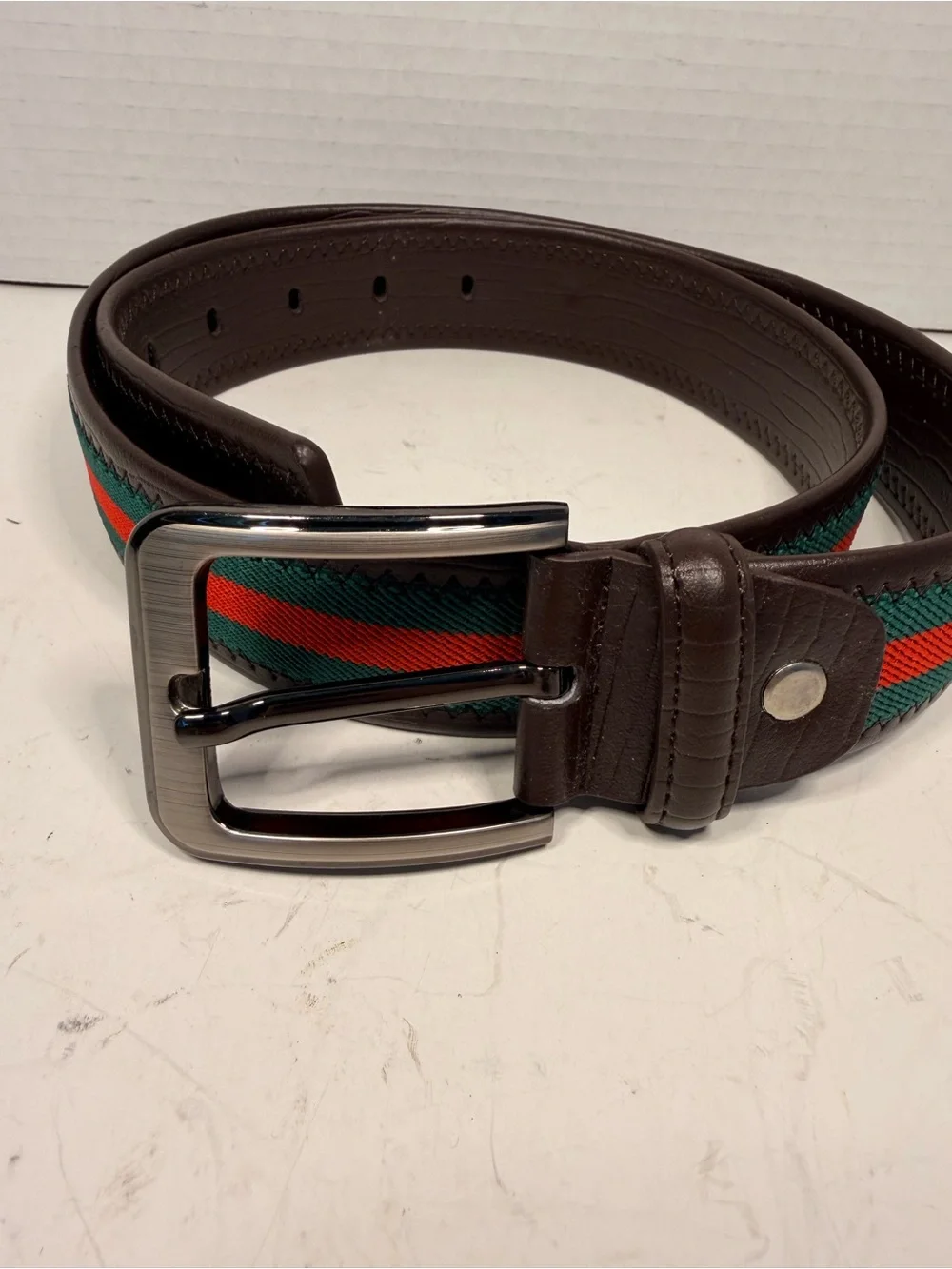 Brown Leather and Web Stripe Elastic Belt with Square Buckle  Size 39 inches